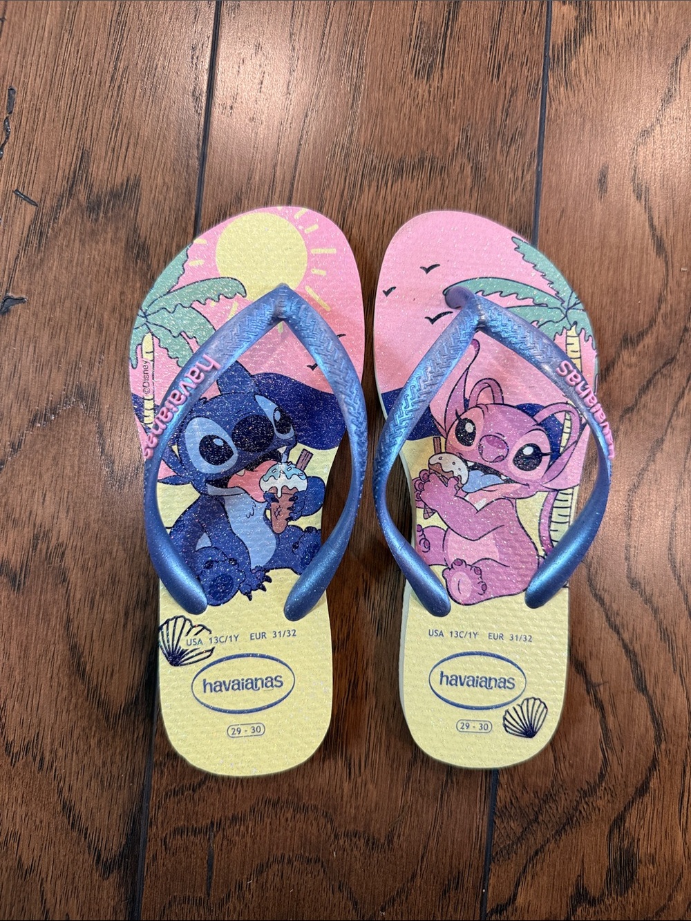 Havaianas Kids Blue & Pink Lilo & Stitch Tropical Flip Flops 13C/1Y